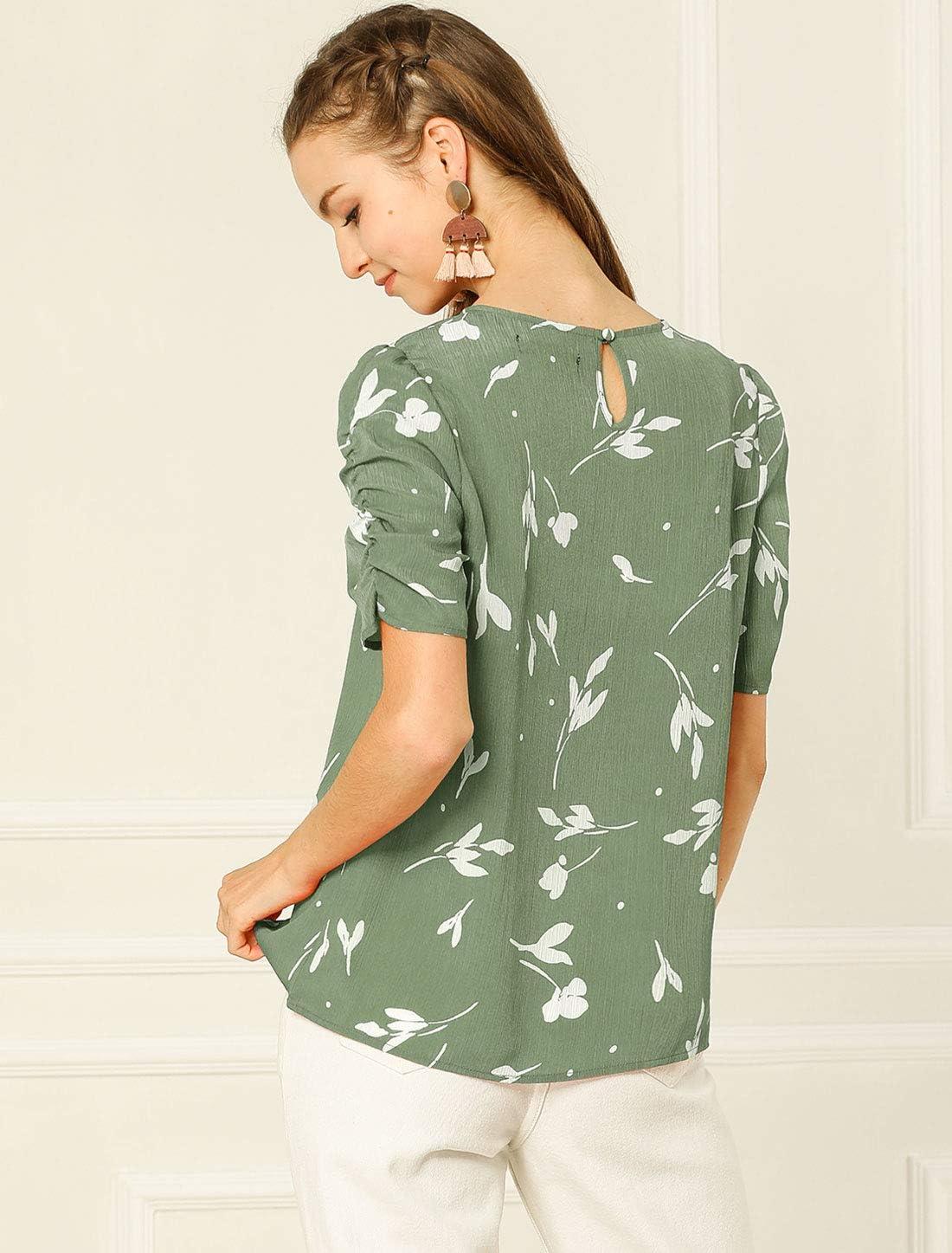 imageAllegra K Womens Floral Blouse Crew Neck Valentines Day Casual Shirred Short Sleeve TopGreen