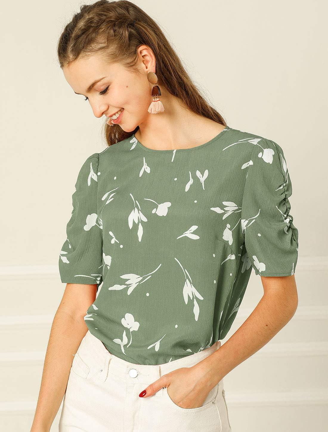 imageAllegra K Womens Floral Blouse Crew Neck Valentines Day Casual Shirred Short Sleeve TopGreen