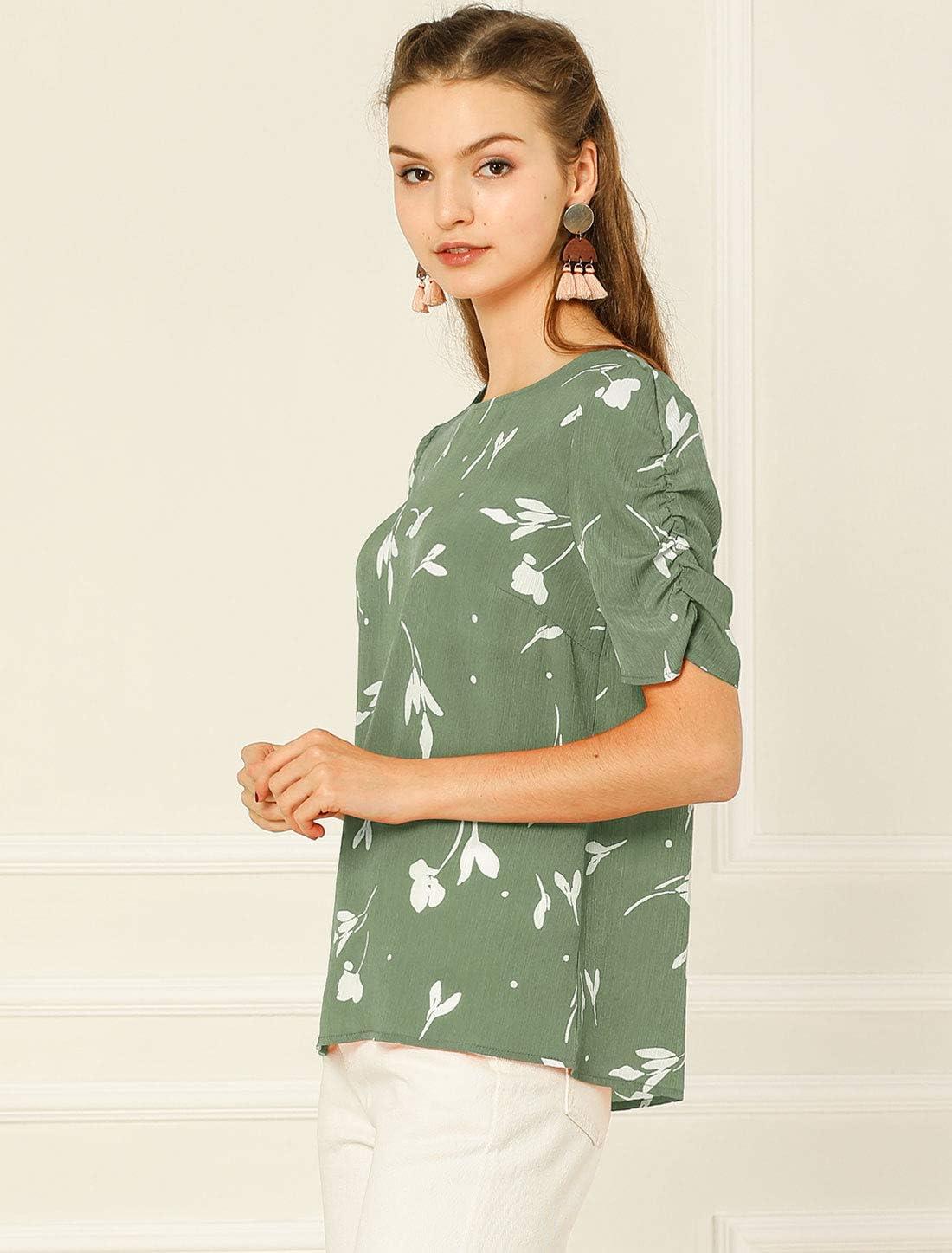 imageAllegra K Womens Floral Blouse Crew Neck Valentines Day Casual Shirred Short Sleeve TopGreen