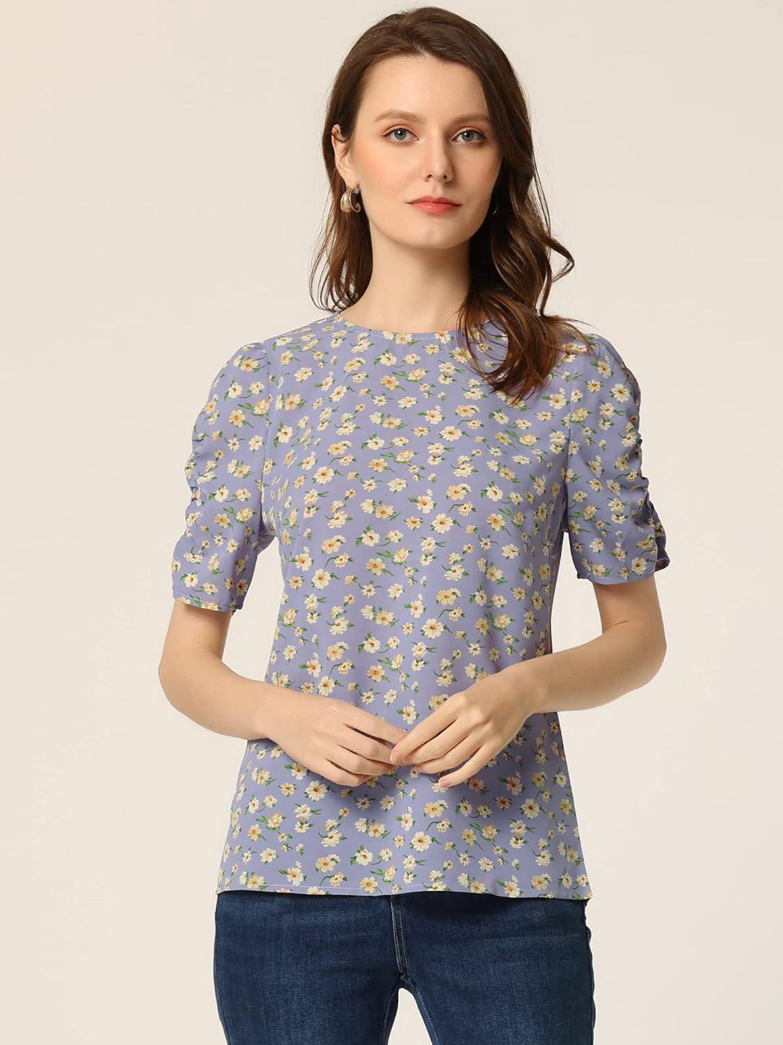 imageAllegra K Womens Floral Blouse Crew Neck Valentines Day Casual Shirred Short Sleeve TopLight Purple