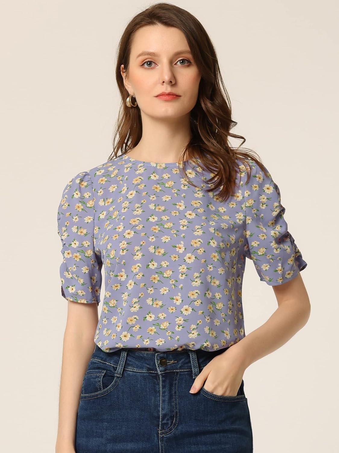 imageAllegra K Womens Floral Blouse Crew Neck Valentines Day Casual Shirred Short Sleeve TopLight Purple