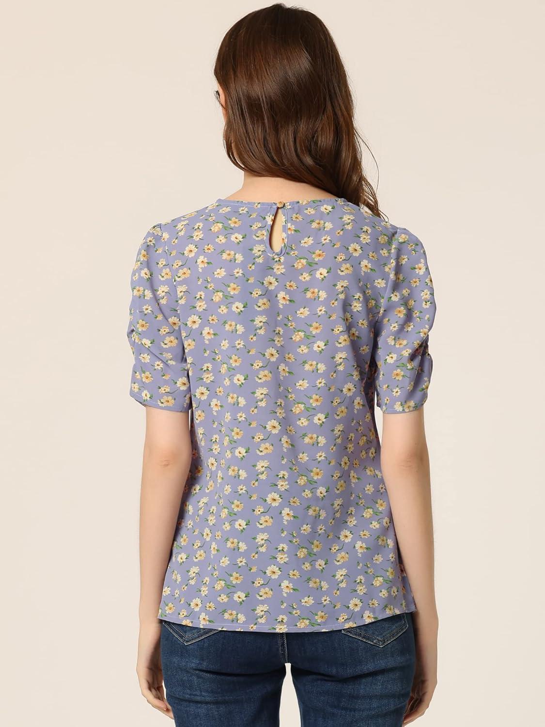 imageAllegra K Womens Floral Blouse Crew Neck Valentines Day Casual Shirred Short Sleeve TopLight Purple