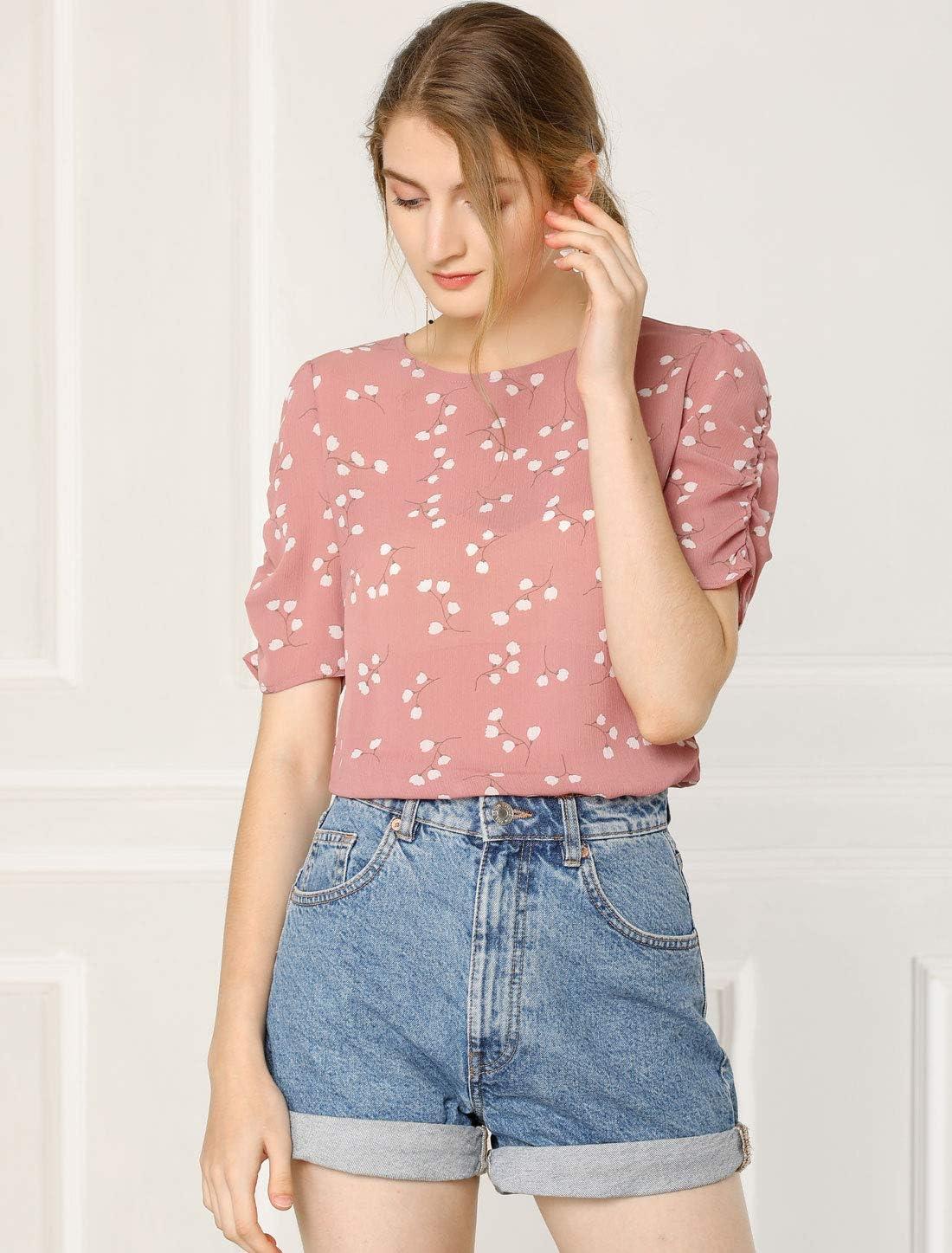 imageAllegra K Womens Floral Blouse Crew Neck Valentines Day Casual Shirred Short Sleeve TopPink