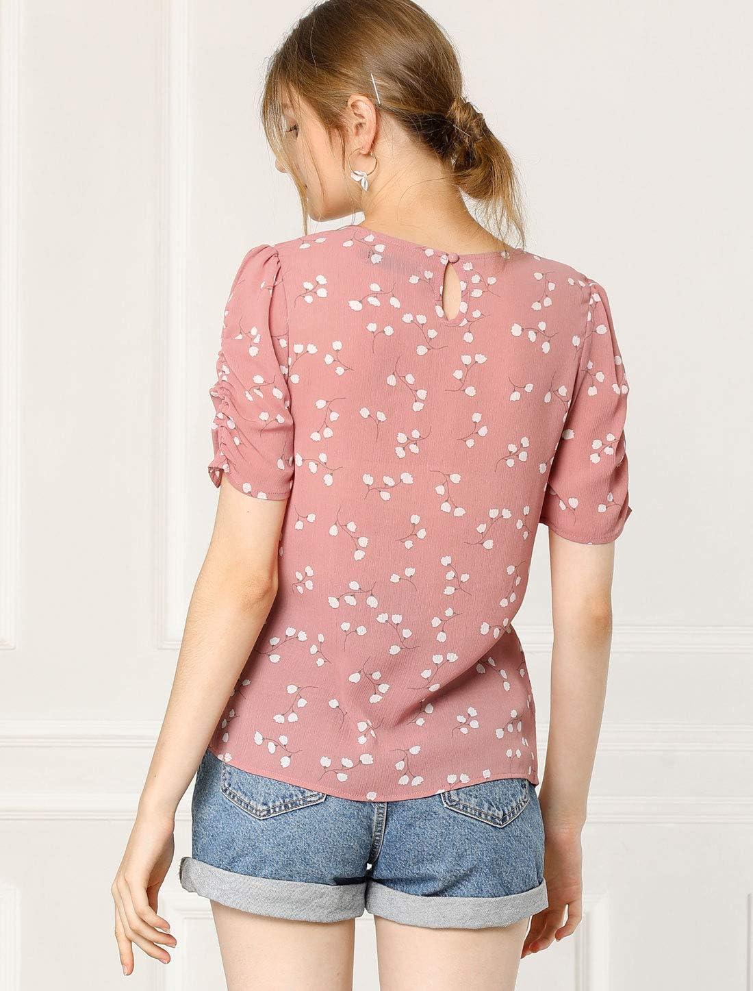 imageAllegra K Womens Floral Blouse Crew Neck Valentines Day Casual Shirred Short Sleeve TopPink