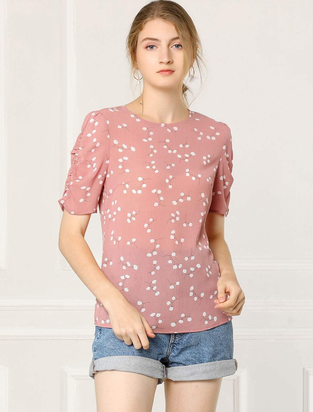 imageAllegra K Womens Floral Blouse Crew Neck Valentines Day Casual Shirred Short Sleeve TopPink