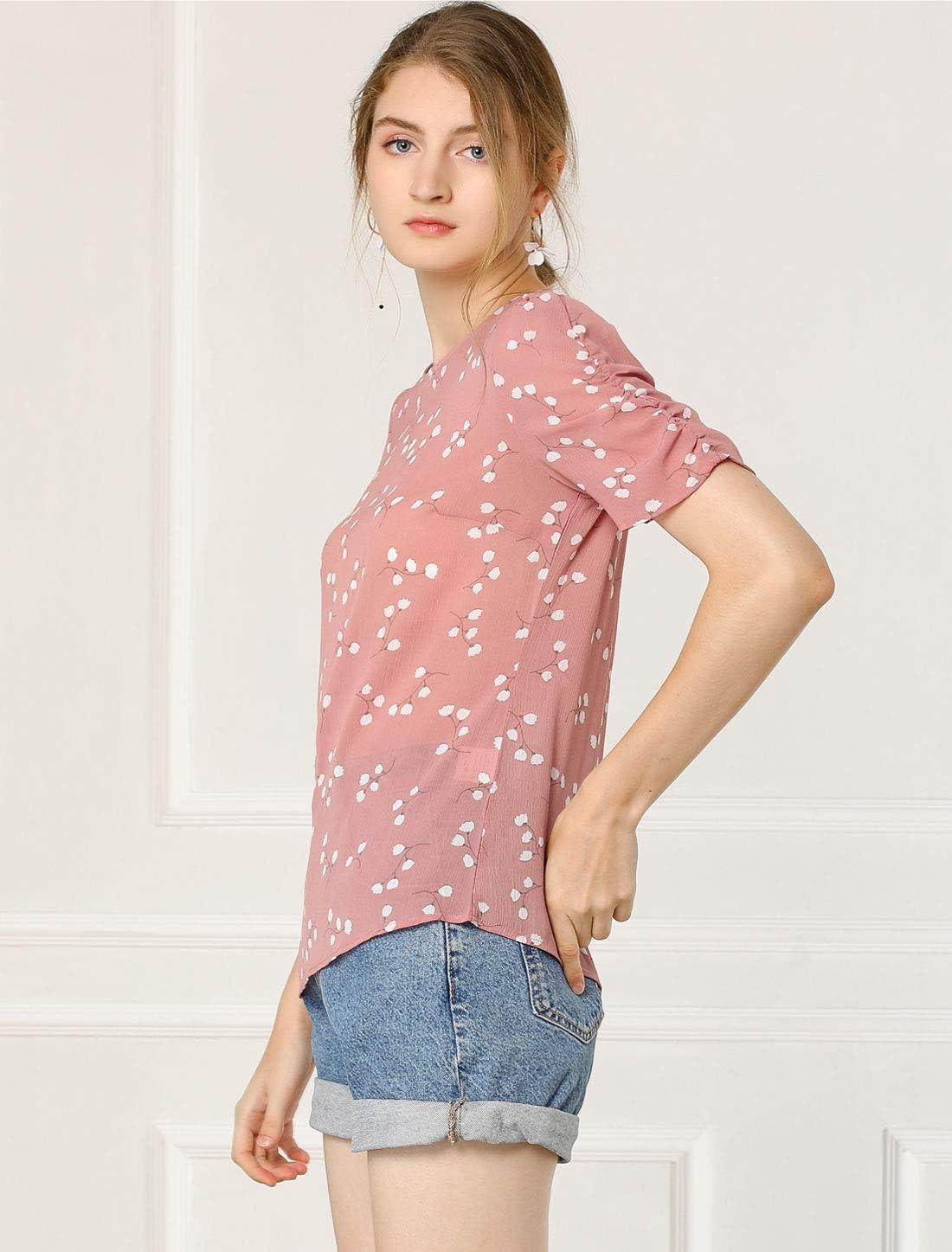 imageAllegra K Womens Floral Blouse Crew Neck Valentines Day Casual Shirred Short Sleeve TopPink