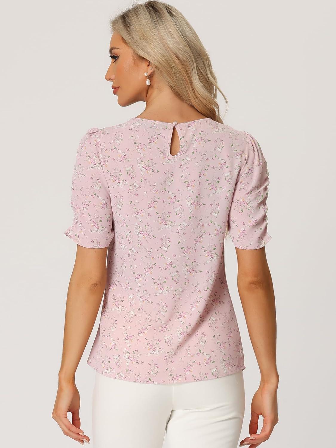 imageAllegra K Womens Floral Blouse Crew Neck Valentines Day Casual Shirred Short Sleeve TopPink Floral