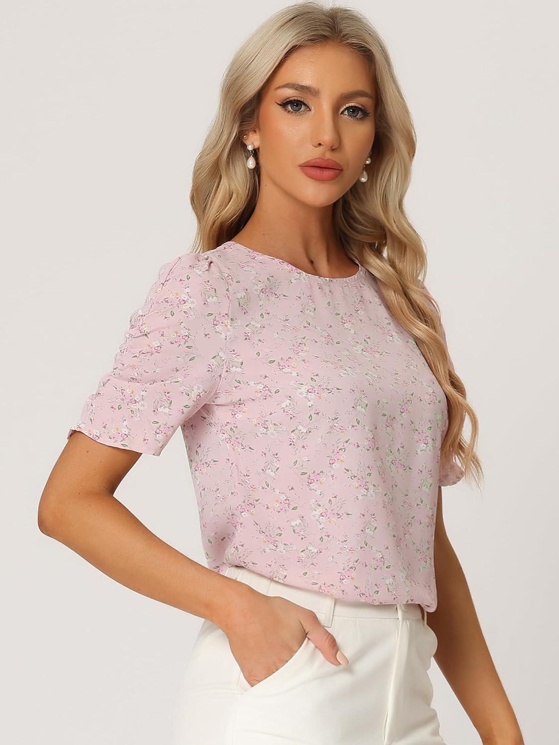 imageAllegra K Womens Floral Blouse Crew Neck Valentines Day Casual Shirred Short Sleeve TopPink Floral
