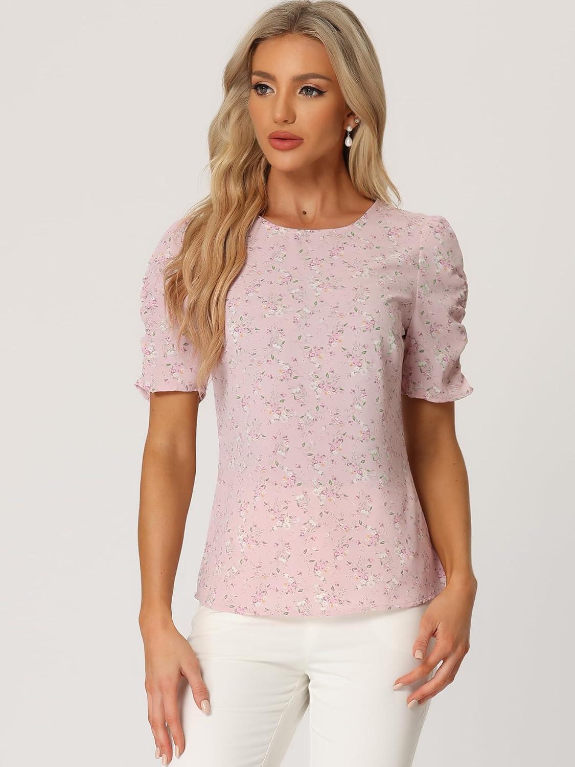imageAllegra K Womens Floral Blouse Crew Neck Valentines Day Casual Shirred Short Sleeve TopPink Floral