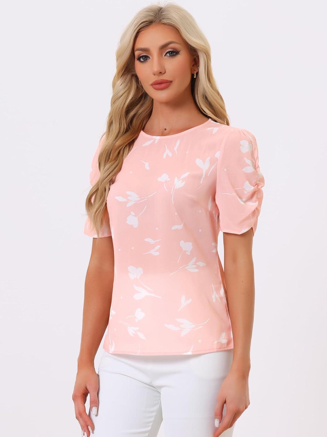 imageAllegra K Womens Floral Blouse Crew Neck Valentines Day Casual Shirred Short Sleeve TopPink White