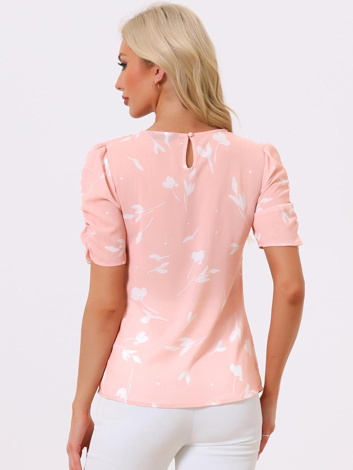 imageAllegra K Womens Floral Blouse Crew Neck Valentines Day Casual Shirred Short Sleeve TopPink White