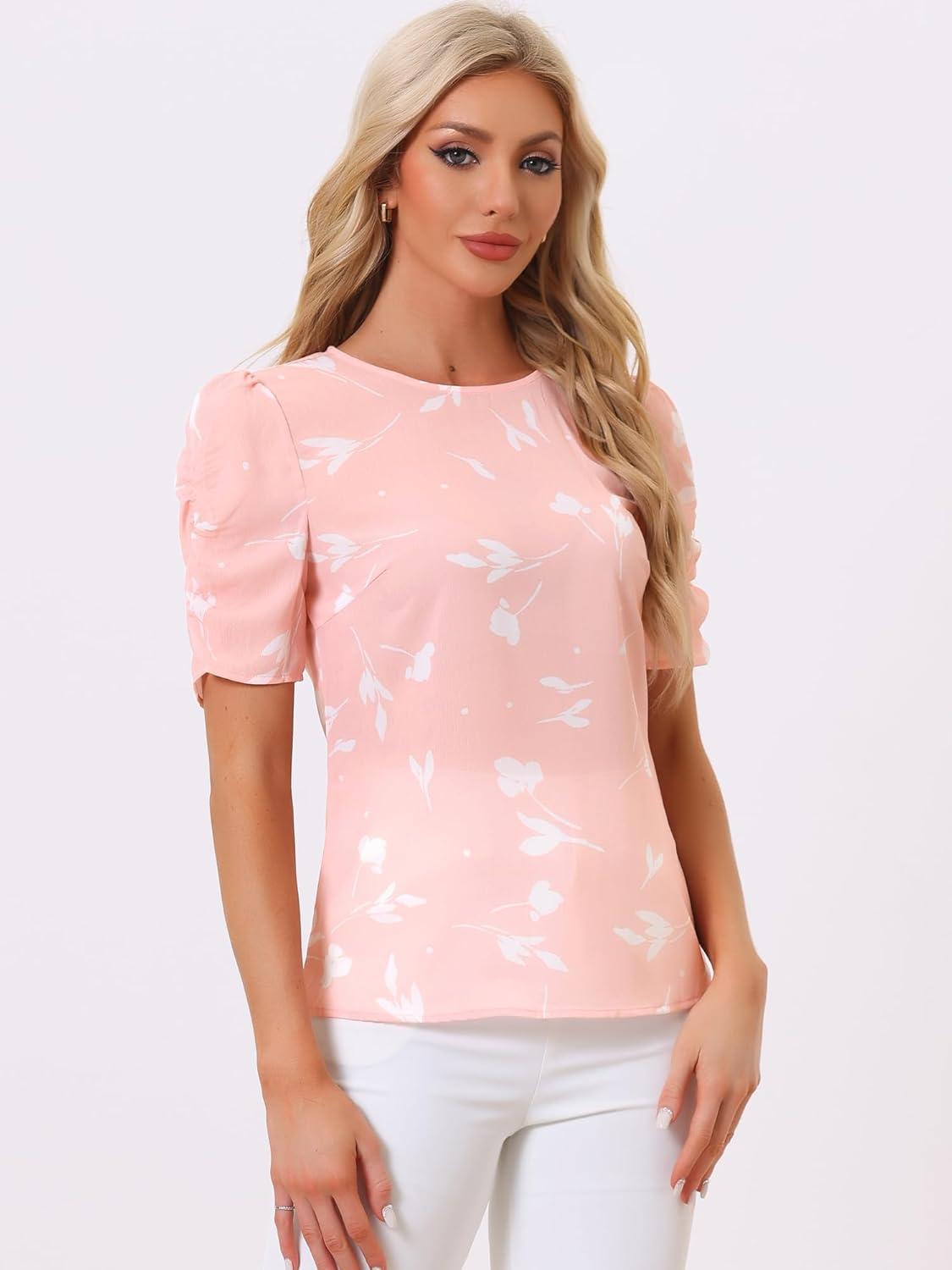 imageAllegra K Womens Floral Blouse Crew Neck Valentines Day Casual Shirred Short Sleeve TopPink White