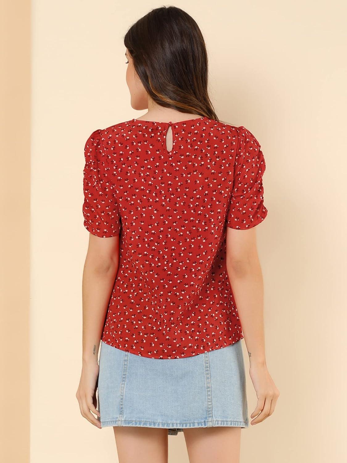 imageAllegra K Womens Floral Blouse Crew Neck Valentines Day Casual Shirred Short Sleeve TopRed