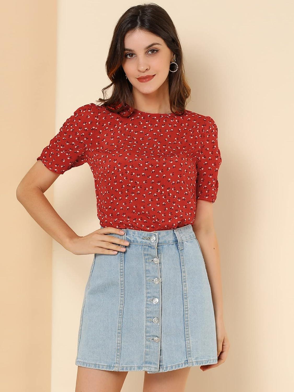 imageAllegra K Womens Floral Blouse Crew Neck Valentines Day Casual Shirred Short Sleeve TopRed