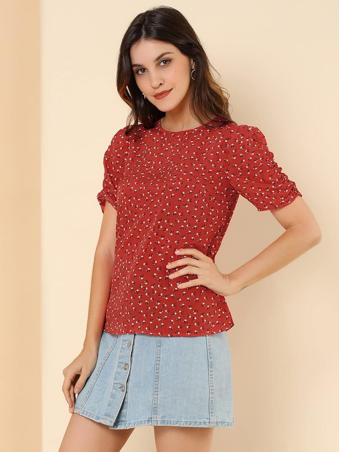 imageAllegra K Womens Floral Blouse Crew Neck Valentines Day Casual Shirred Short Sleeve TopRed
