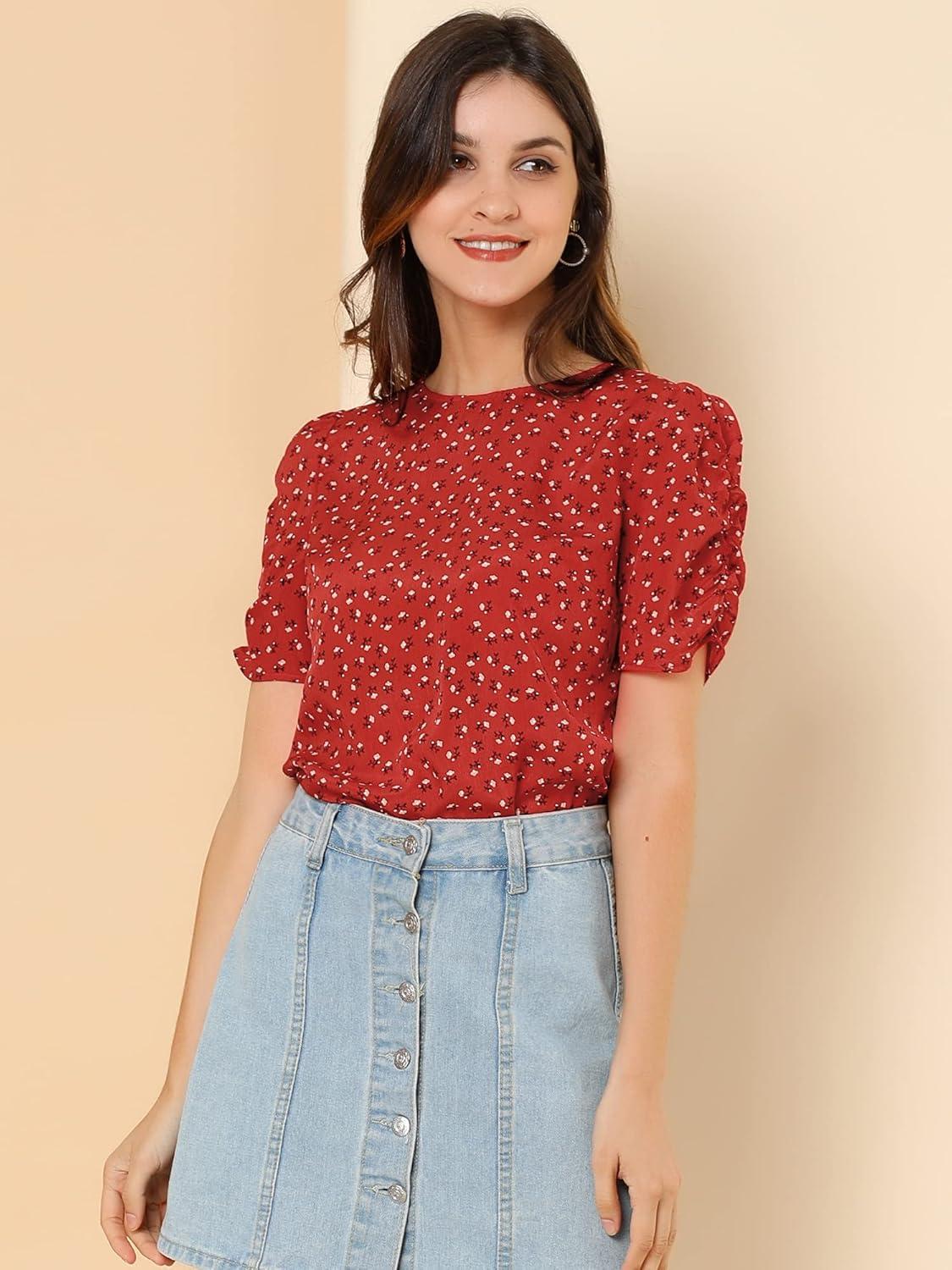 imageAllegra K Womens Floral Blouse Crew Neck Valentines Day Casual Shirred Short Sleeve TopRed