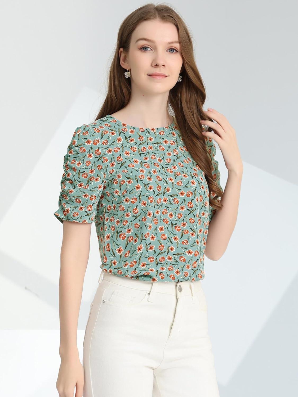imageAllegra K Womens Floral Blouse Crew Neck Valentines Day Casual Shirred Short Sleeve TopTeal