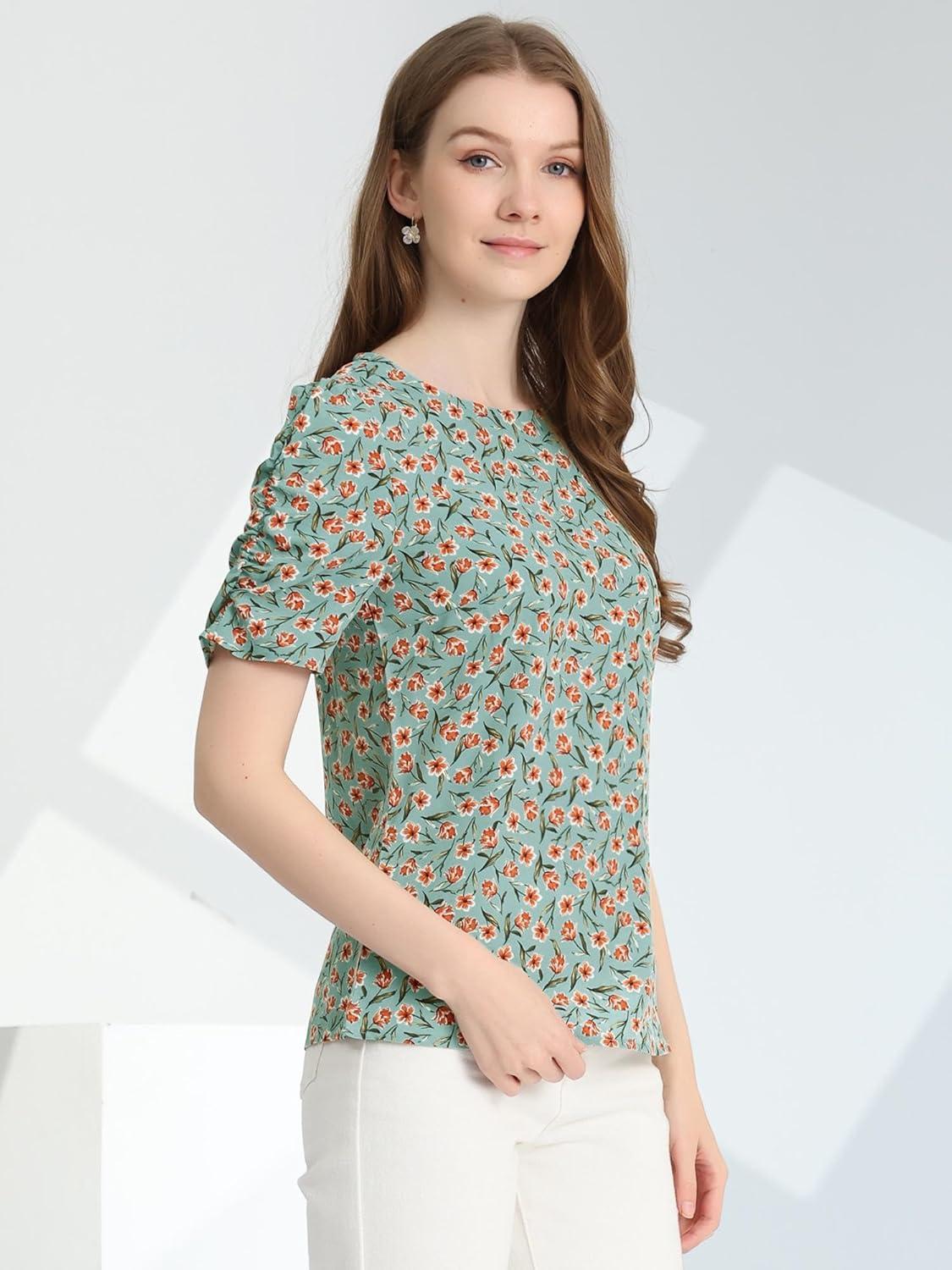 imageAllegra K Womens Floral Blouse Crew Neck Valentines Day Casual Shirred Short Sleeve TopTeal