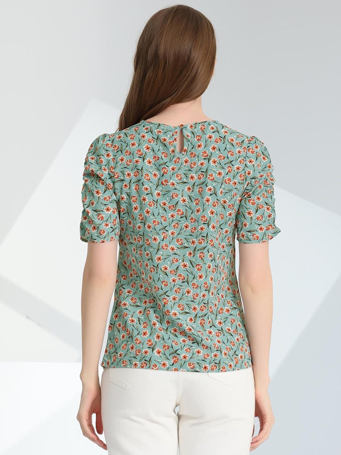 imageAllegra K Womens Floral Blouse Crew Neck Valentines Day Casual Shirred Short Sleeve TopTeal