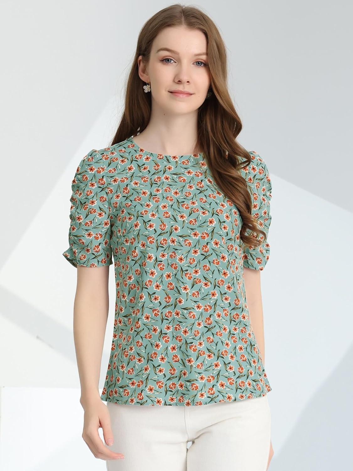imageAllegra K Womens Floral Blouse Crew Neck Valentines Day Casual Shirred Short Sleeve TopTeal