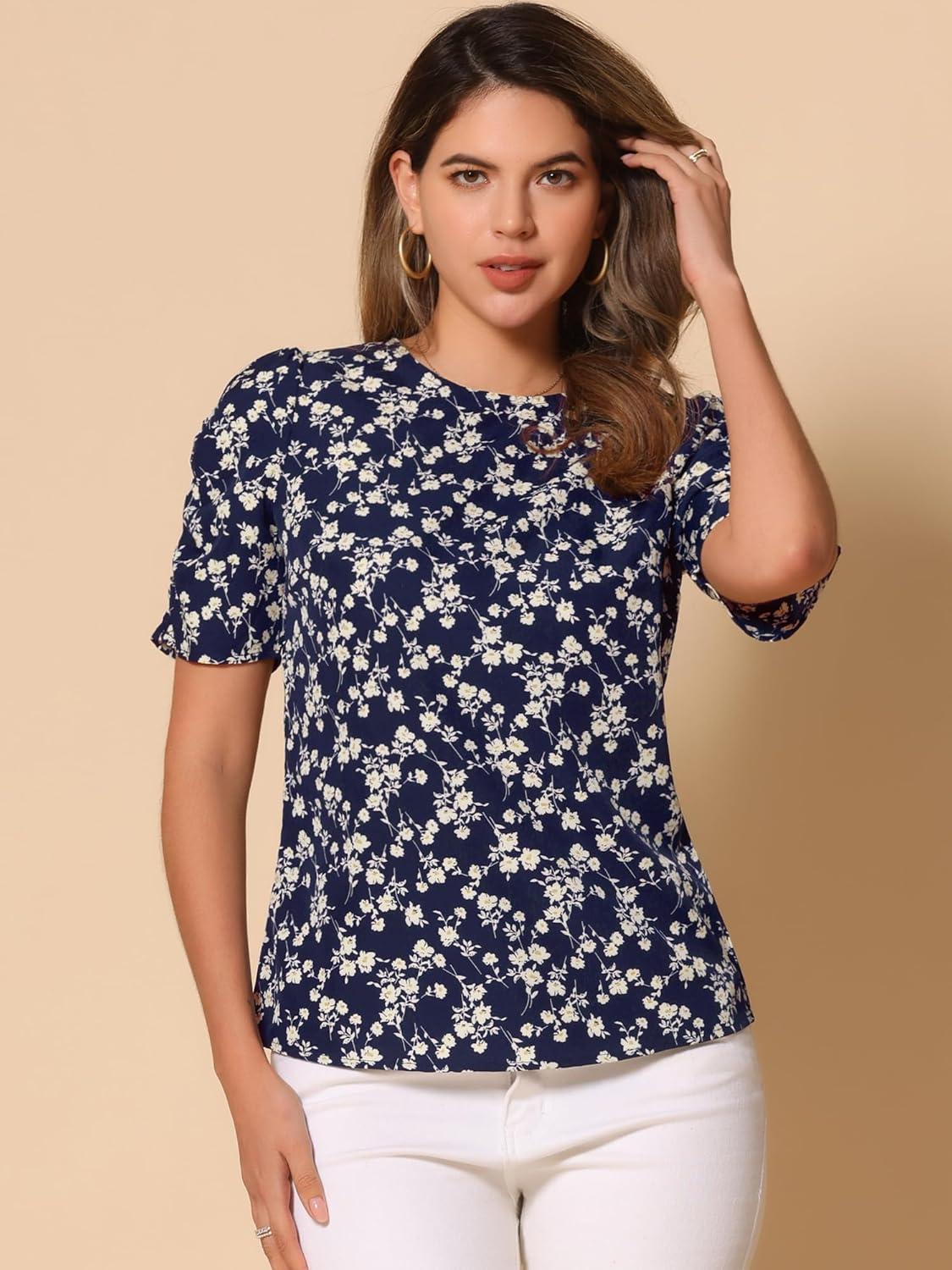 imageAllegra K Womens Floral Blouse Crew Neck Valentines Day Casual Shirred Short Sleeve TopWhite Floral
