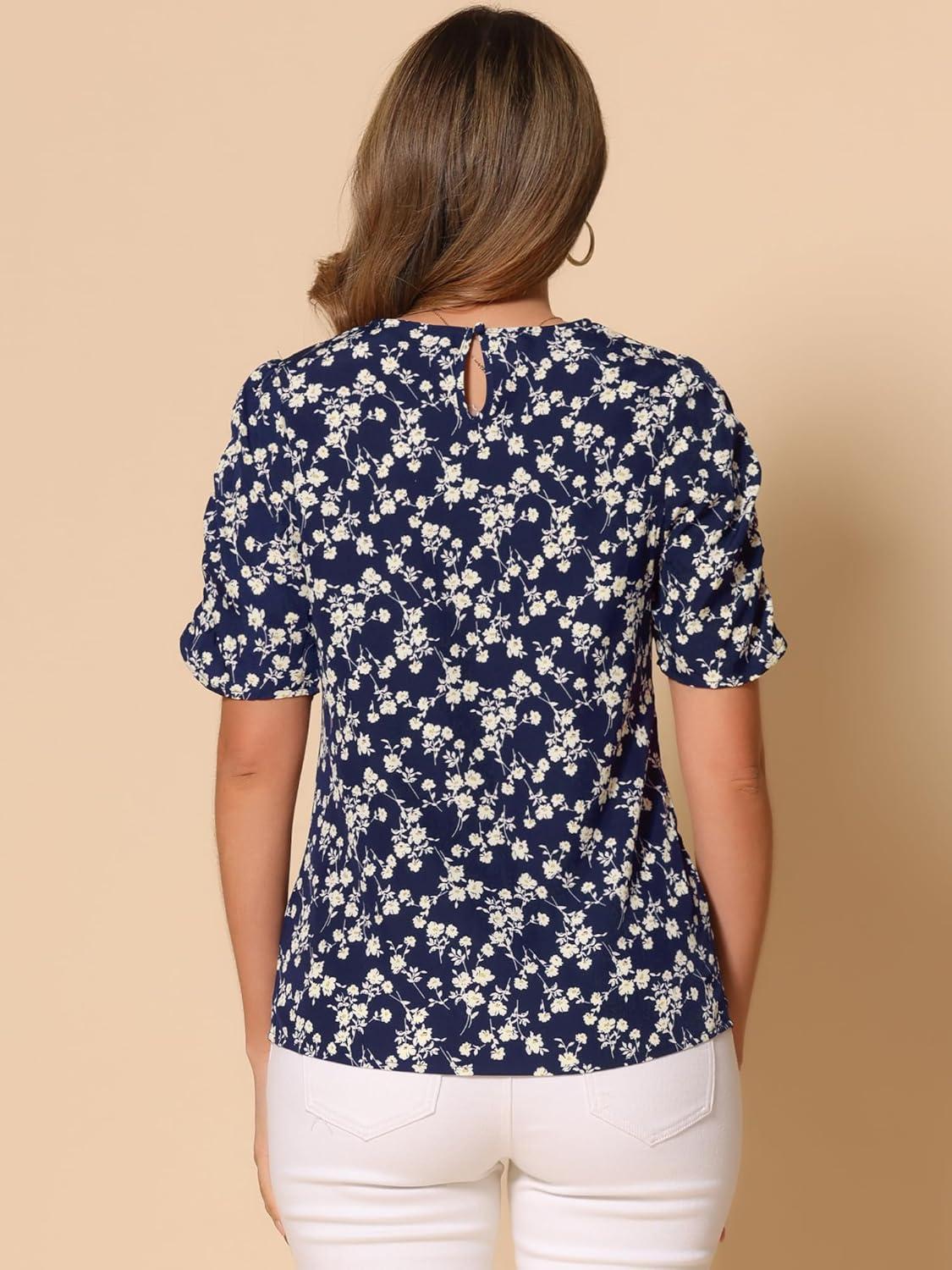 imageAllegra K Womens Floral Blouse Crew Neck Valentines Day Casual Shirred Short Sleeve TopWhite Floral