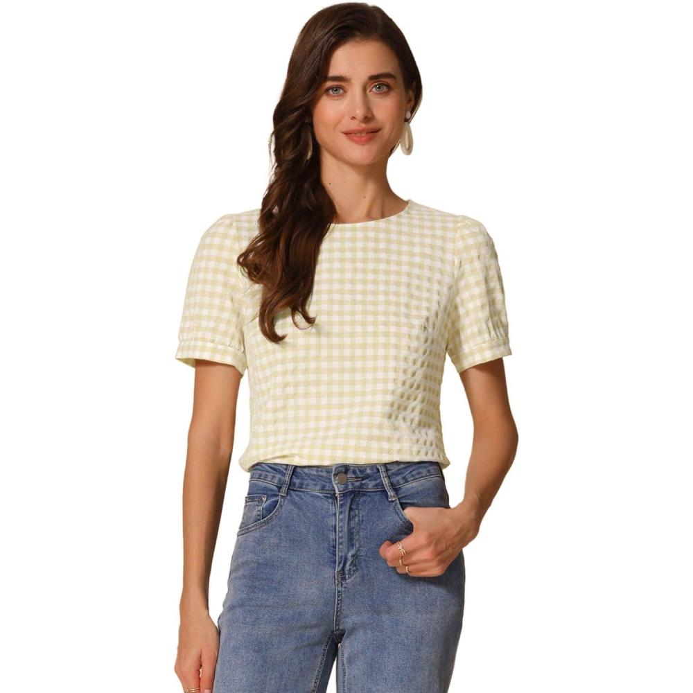 imageAllegra K Vintage Gingham Top for Womens Puff Short Sleeve Crew Neck Casual Check ShirtPale Yellow
