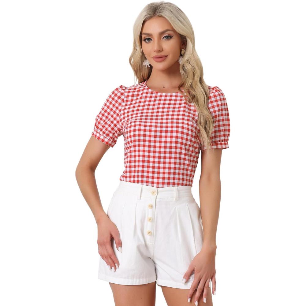 imageAllegra K Vintage Gingham Top for Womens Puff Short Sleeve Crew Neck Casual Check ShirtRed