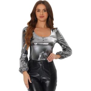 imageAllegra K Halloween Metallic Blouse for Womens Sparkly Party Shiny Bishop Sleeve Glitter TopsDark Silver