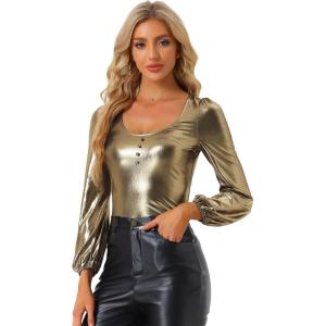 imageAllegra K Halloween Metallic Blouse for Womens Sparkly Party Shiny Bishop Sleeve Glitter TopsGold