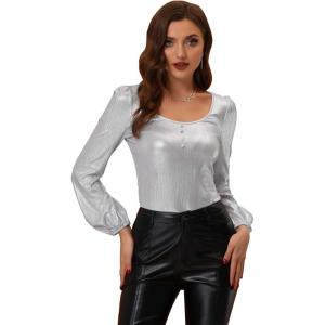 imageAllegra K Halloween Metallic Blouse for Womens Sparkly Party Shiny Bishop Sleeve Glitter TopsSilver