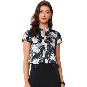 imageAllegra K Satin Work Blouses for Womens Floral Vintage Cap Sleeve Business Casual BlouseDark Blue