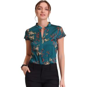 imageAllegra K Satin Work Blouses for Womens Floral Vintage Cap Sleeve Business Casual BlouseNavy Blue