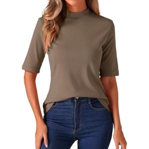 imageAllegra K Tops for Women Trendy Half Sleeve Mock Neck Casual Top 2025 Fall Slim Fit TShirtsCamel