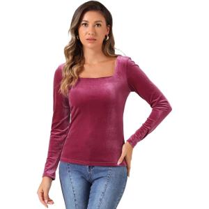 imageAllegra K Velvet Top for Womens Square Neck Long Sleeves Solid Casual TShirt BlouseHot Pink