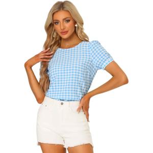 imageAllegra K Vintage Gingham Top for Womens Puff Short Sleeve Crew Neck Casual Check ShirtLight Blue