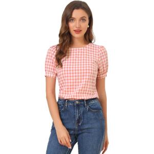 imageAllegra K Vintage Gingham Top for Womens Puff Short Sleeve Crew Neck Casual Check ShirtPeach Pink