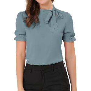 imageAllegra K Womens Bow Tie Neck Tops Elegant Office Short Sleeve BlouseGray Blue