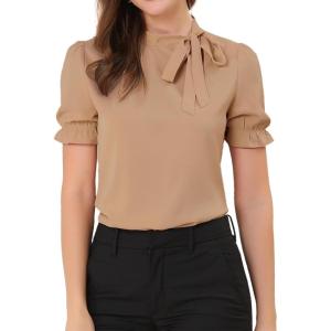 imageAllegra K Womens Bow Tie Neck Tops Elegant Office Short Sleeve BlouseKhaki