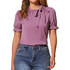imageAllegra K Womens Bow Tie Neck Tops Elegant Office Short Sleeve BlouseLight Plum