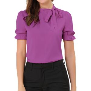 imageAllegra K Womens Bow Tie Neck Tops Elegant Office Short Sleeve BlouseMagenta