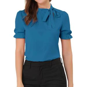 imageAllegra K Womens Bow Tie Neck Tops Elegant Office Short Sleeve BlousePeacock Blue