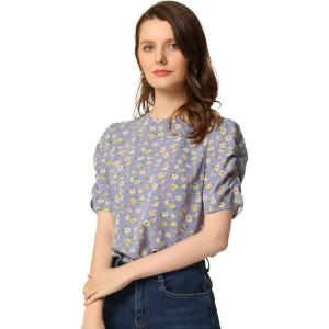 imageAllegra K Womens Floral Blouse Crew Neck Valentines Day Casual Shirred Short Sleeve TopLight Purple