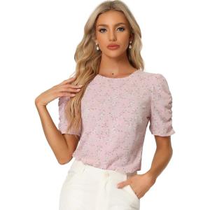 imageAllegra K Womens Floral Blouse Crew Neck Valentines Day Casual Shirred Short Sleeve TopPink Floral