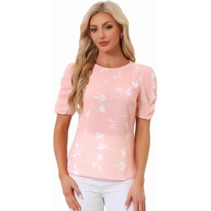 imageAllegra K Womens Floral Blouse Crew Neck Valentines Day Casual Shirred Short Sleeve TopPink White