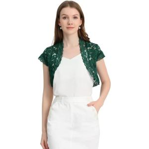imageAllegra K Womens Lace Cardigan Open Front Elegant Short Sleeve Sheer Floral Cropped Bolero Lace Shrug TopDark Green