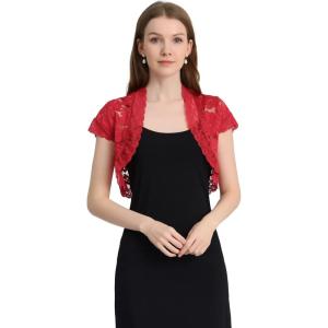 imageAllegra K Womens Lace Cardigan Open Front Elegant Short Sleeve Sheer Floral Cropped Bolero Lace Shrug TopRed