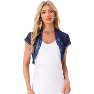 imageAllegra K Womens Lace Cardigan Open Front Elegant Short Sleeve Sheer Floral Cropped Bolero Lace Shrug TopRoyal Blue