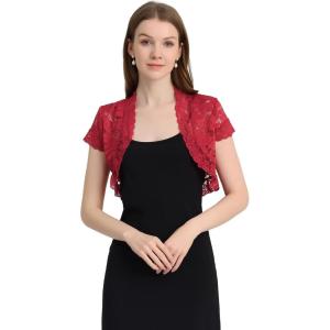 imageAllegra K Womens Lace Cardigan Open Front Elegant Short Sleeve Sheer Floral Cropped Bolero Lace Shrug TopWine Red