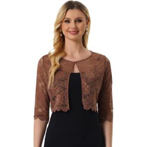 imageAllegra K Womens Lace Cardigan Open Front Lace Shrug Elegant Sheer Floral Cropped Bolero Lace TopsBrown